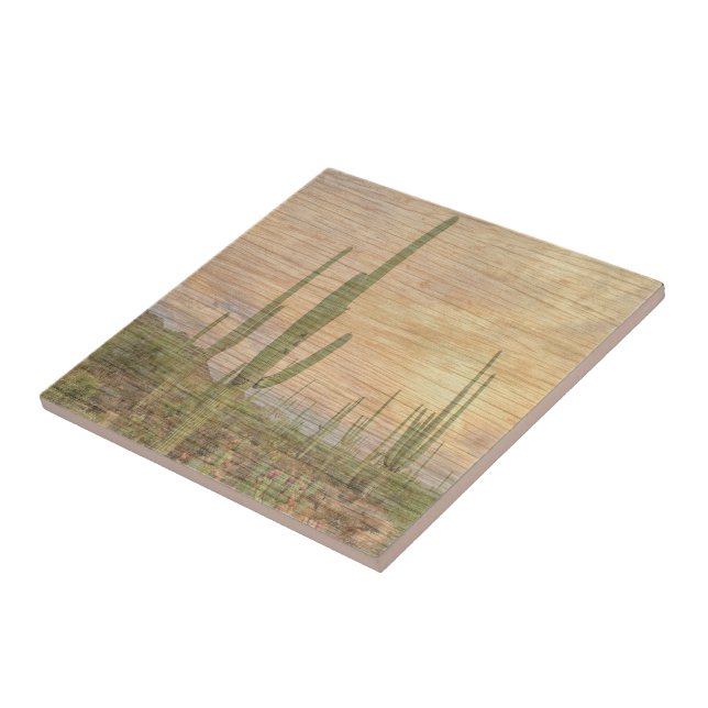 Desert Cactus Plants On Wood Grain Photo Image Tile (Side)
