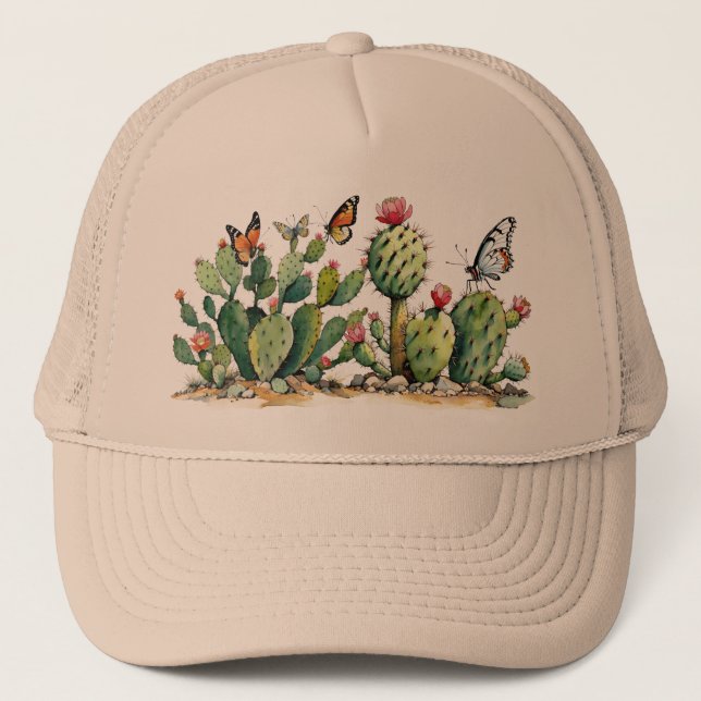 Desert Cactus Prickly Pear Plants with Butterflies Trucker Hat (Front)
