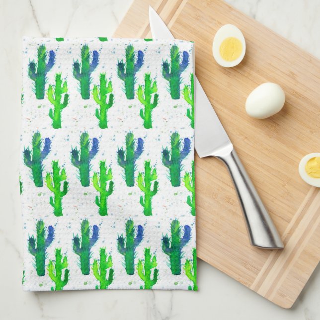 Desert Cactus Saguaro Watercolor Tea Towel (Quarter Fold)