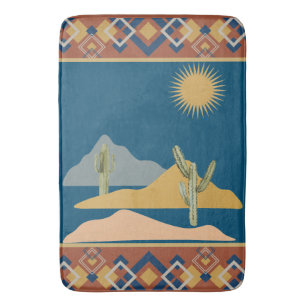 Desert Cactus Scene and Geometric Trim Bath Mat