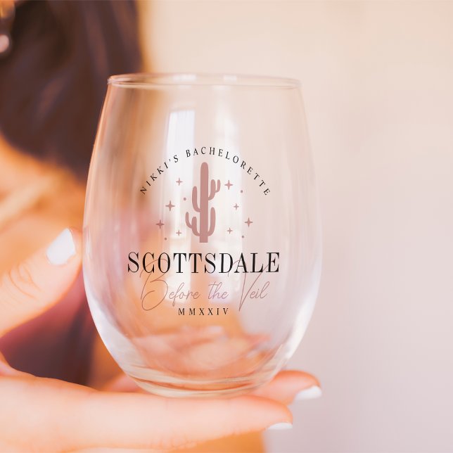 Desert Cactus Scottsdale Bachelorette Party Stemless Wine Glass (Creator Uploaded)