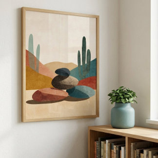 Desert Cactus Stone Wall Art for Living Room Decor