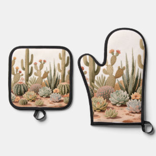 Desert Cactus Succulent Garden Watercolor Oven Mitt & Pot Holder Set