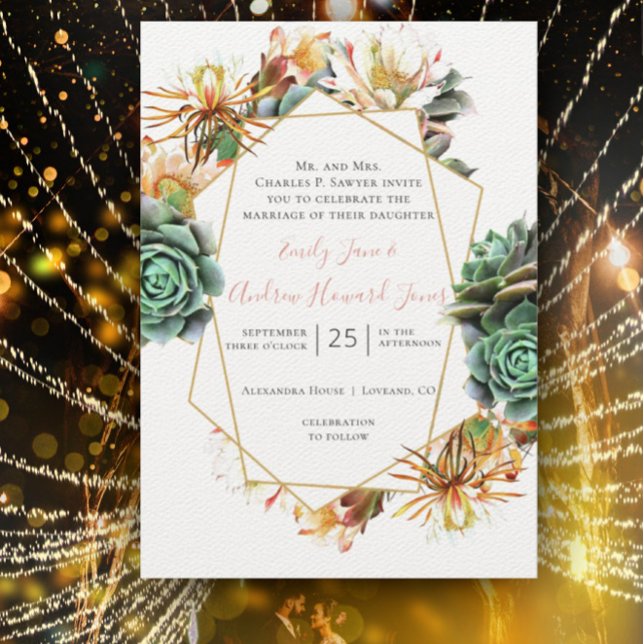 Desert Cactus Succulent Gold Geometric Invitation (Creator Uploaded)