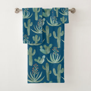 Desert Cactus Succulent Watercolor Pattern Blue Bath Towel Set