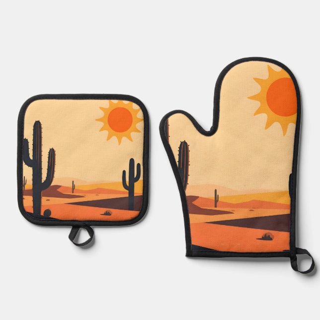 Desert Cactus Sunset Silhouette  Oven Mitt & Pot Holder Set (Front)