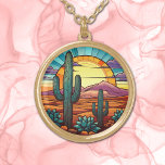 Desert Cactus Sunset Stained Glass Gold Plated Necklace<br><div class="desc">On these unique earrings is the beautiful image of desert cactus in front of a blazing sunset over purple mountains. Predominant colours include blue,  orange,  gold,  and green. Elegant,  bright,  and colourful! Be sure to see the matching earrings and key chain in our store.</div>