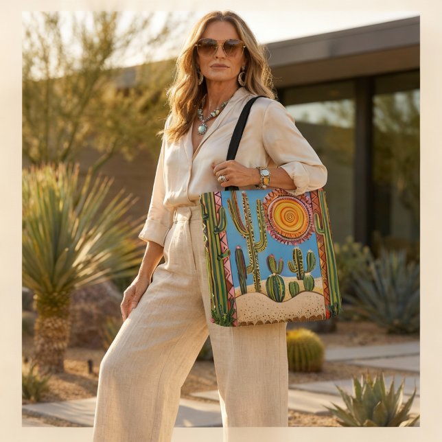 Desert Cactus Tote Bag with Colorful Sun and Geome (Creator Uploaded)