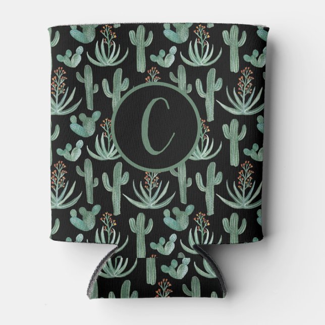 Desert Cactus Watercolor CUSTOM Initials Black Can Cooler (Front)