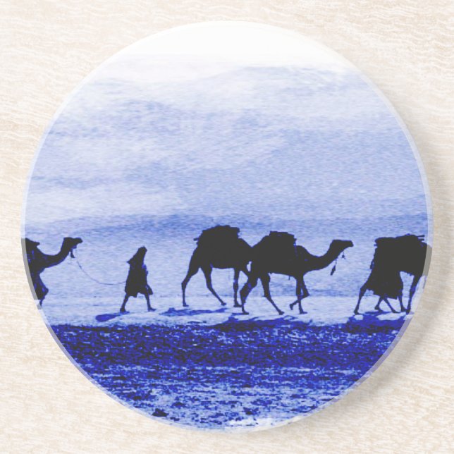 Desert Camel Caravan Blue Sandstone Coaster (Front)