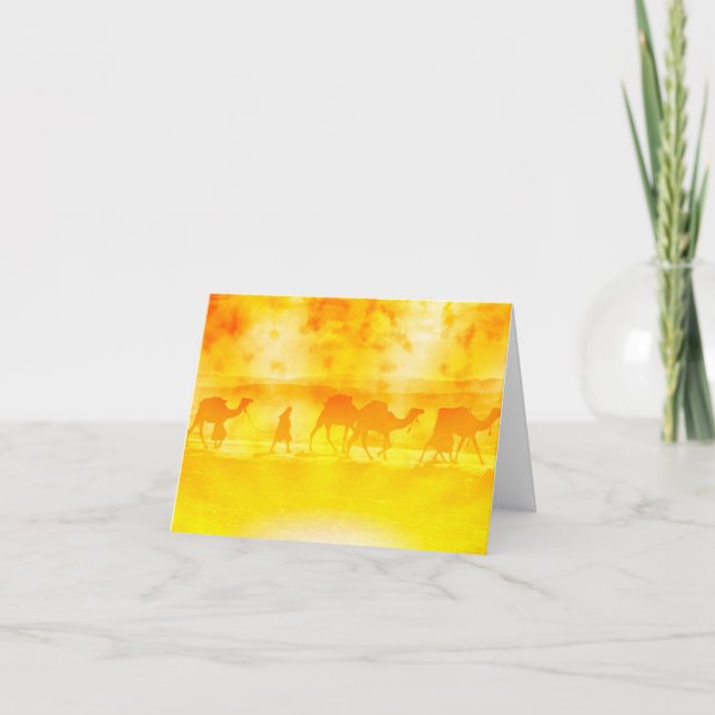 Desert Camel Caravan Sunburst Note Card (Front)