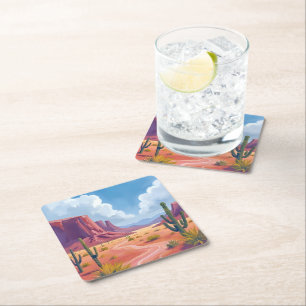 Desert Canyon Cactus Nature Landscape Square Paper Coaster