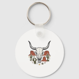 Desert Cow Skull Vintage Southwest Cactus Art Key Ring