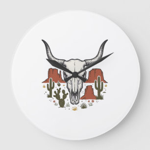 Desert Cow Skull Vintage Southwest Cactus Art Large Clock