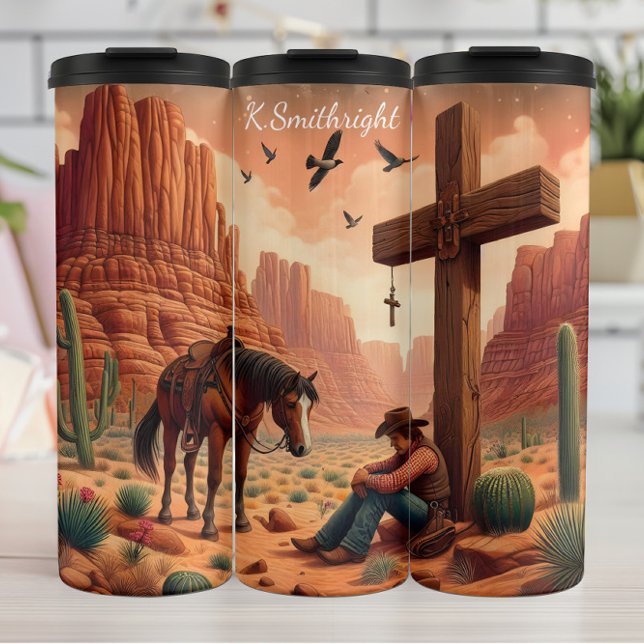 Desert Cowboy Prayer Cross Horse Serene Thermal Tumbler (Creator Uploaded)