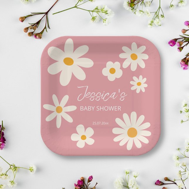 Desert daisy boho pink retro baby shower custom paper plate (Creator Uploaded)