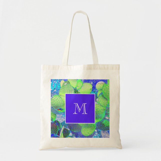 Desert Digital Green Prickly Pear Cactus Monogram  Tote Bag (Front)