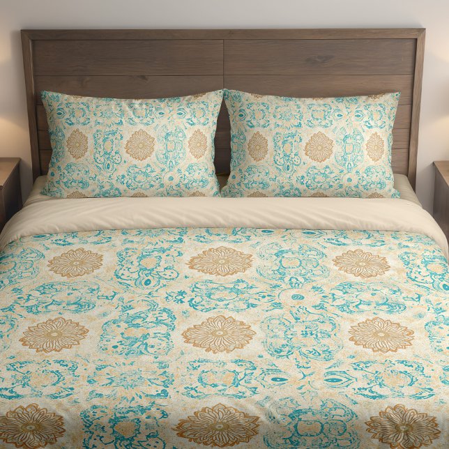 Desert Dream Vintage Sand & Turquoise Blooms Pillowcase (Desert Dream Vintage Sand & Turquoise Blooms Pillow Case in a brown boho double bed.)