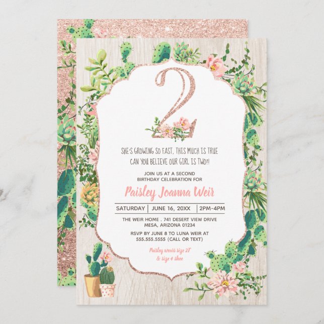 Desert Flower Glitter 2 Second Birthday Invitation (Front/Back)