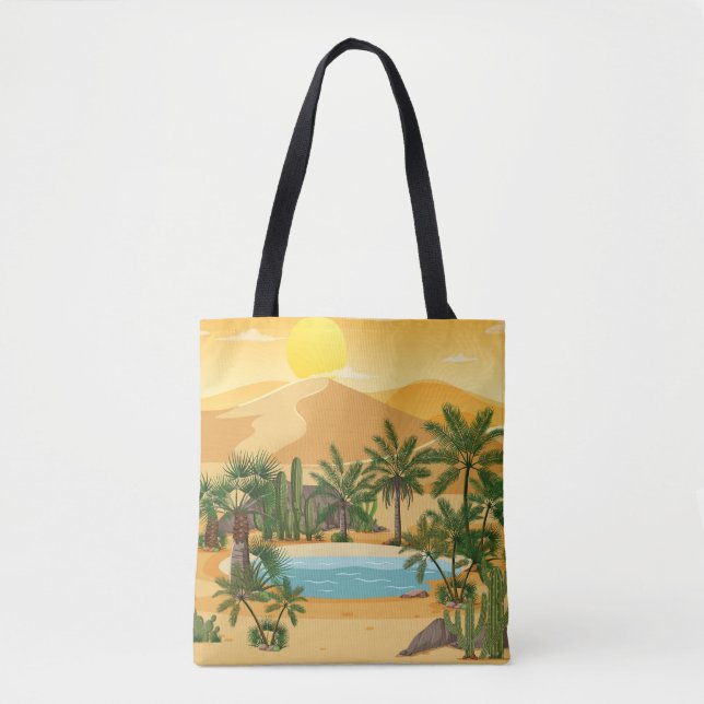 Desert forest landscape at sunset scene with oasis tote bag (Front)