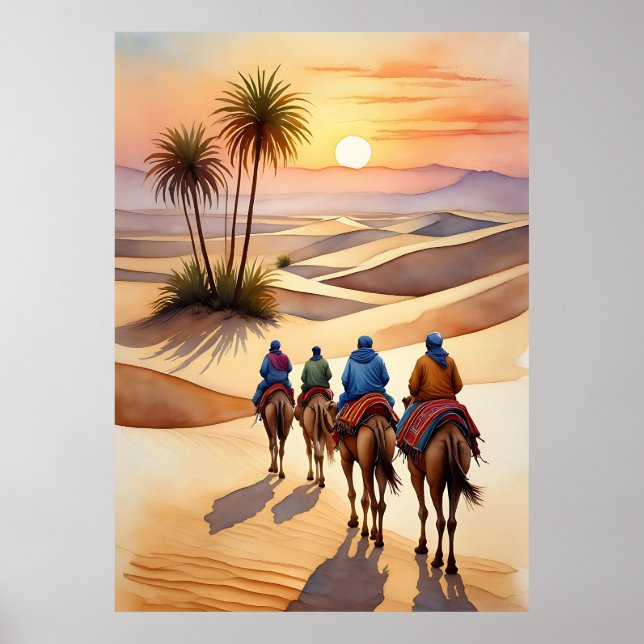 Desert Journey at Sunset – Nomadic Camel Caravan Poster (Front)