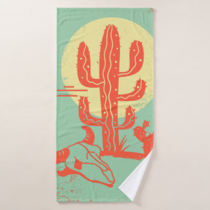 Desert landscape with Cactuses and cow skull. Vint Bath Towel