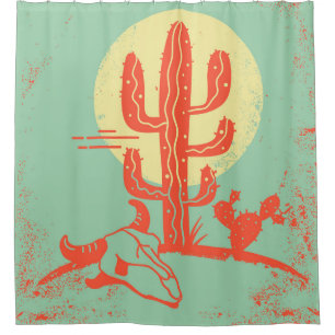 Desert landscape with Cactuses and cow skull. Vint Shower Curtain