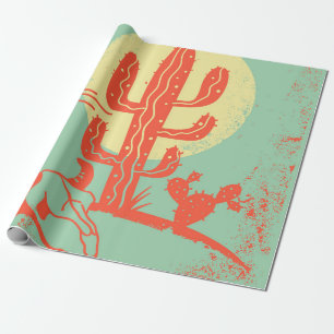 Desert landscape with Cactuses and cow skull. Vint Wrapping Paper