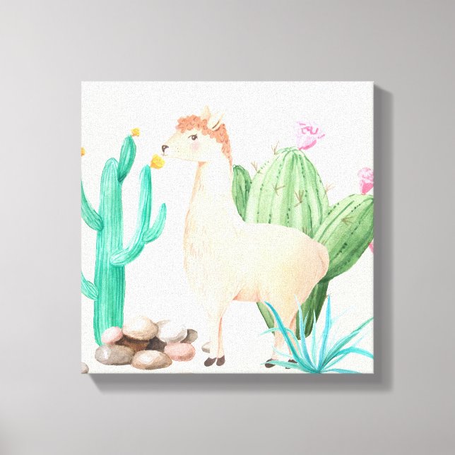 Desert LIama Cactus Flowers Nature Canvas Print (Front)