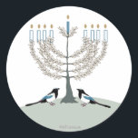 DESERT LIFE Hanukkah 2 Magpies/menorah Classic Round Sticker<br><div class="desc">Hanukkah 2 magpies under a sagebrush Menorah for DESERT LIFE HANUKKAH cards -- sticker for packages. Please see more in Hanukkah - Desert Life collation at www.zazzle.com/spacetempodesign*.</div>