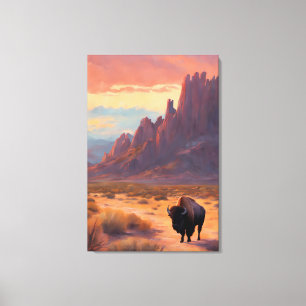 Desert Lone Buffalo Colourful Sunrise Art Landscap Canvas Print