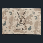 Desert Maccabee Shield And Spears<br><div class="desc">A military brown "subdued" style depiction of a Maccabee's shield and two spears on a desert camo background. The shield is adorned by a lion and text reading "Yisrael" (Israel) in the Paleo-Hebrew alphabet. Add your own text. The Maccabees were Jewish rebels who freed Judea from the yoke of the...</div>