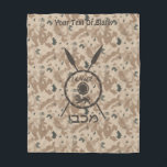 Desert Maccabee Shield And Spears Fleece Blanket<br><div class="desc">A military brown "subdued" style depiction of a Maccabee's shield and two spears on a desert camo background. The shield is adorned by a lion and text reading "Yisrael" (Israel) in the Paleo-Hebrew alphabet. Hebrew text reading "Maccabee" also appears. Add your own additional text. The Maccabees were Jewish rebels who...</div>