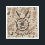 Desert Maccabee Shield And Spears Napkin<br><div class="desc">A military brown "subdued" style depiction of a Maccabee's shield and two spears on a desert camo background. The shield is adorned by a lion and text reading "Yisrael" (Israel) in the Paleo-Hebrew alphabet. Add your own text. The Maccabees were Jewish rebels who freed Judea from the yoke of the...</div>
