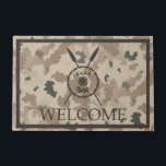 Desert Maccabee Shield And Spears - Welcome Doormat<br><div class="desc">A military brown "subdued" style depiction of a Maccabee's shield and two spears on a desert camo background. The shield is adorned by a lion and text reading "Yisrael" (Israel) in the Paleo-Hebrew alphabet. English text reading, "WELCOME" also appears. The Maccabees were Jewish rebels who freed Judea from the yoke...</div>