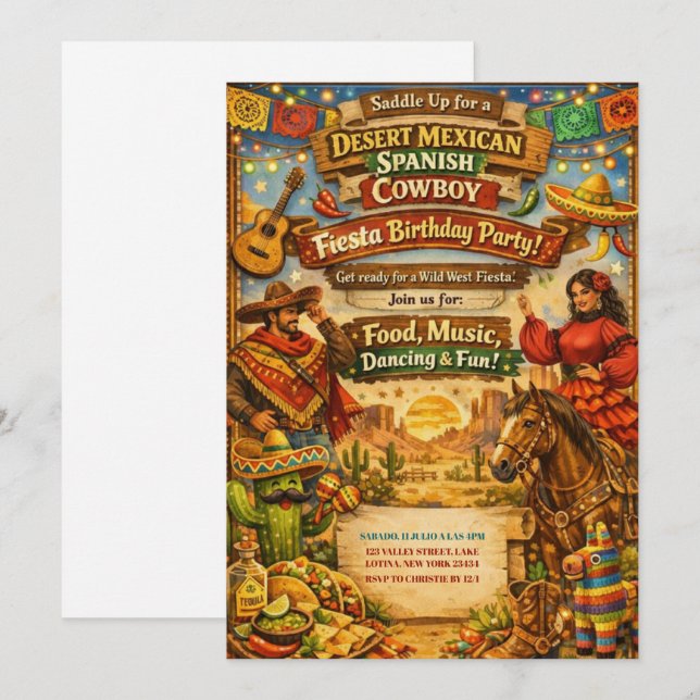 Desert Mexican Spanish Cowboy Fiesta Birthday  Invitation (Front/Back)