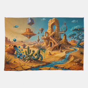 Desert Mirage Ochre Orange Teal Blue Tea Towel