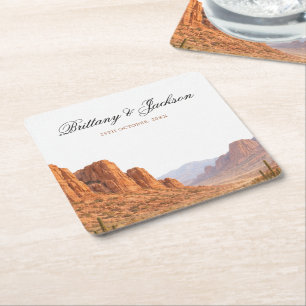 Desert Mountain Landscape Southwestern Wedding Square Paper Coaster