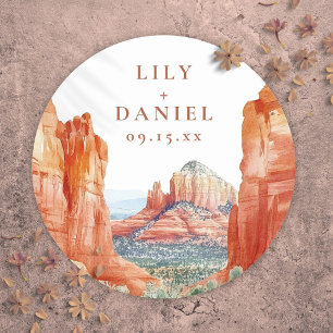 Desert Mountain Watercolor Destination Wedding Classic Round Sticker