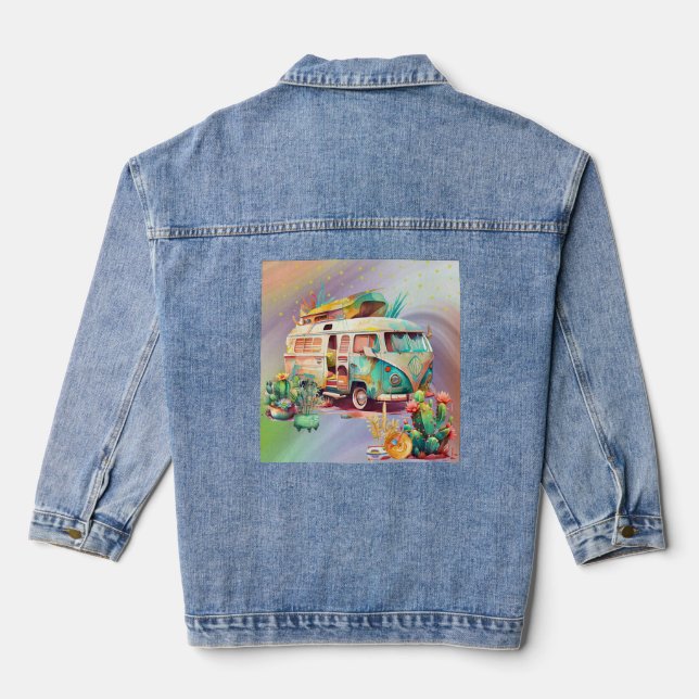 Desert Oasis Camping in a Retro 1960's Van Denim Jacket (Back)