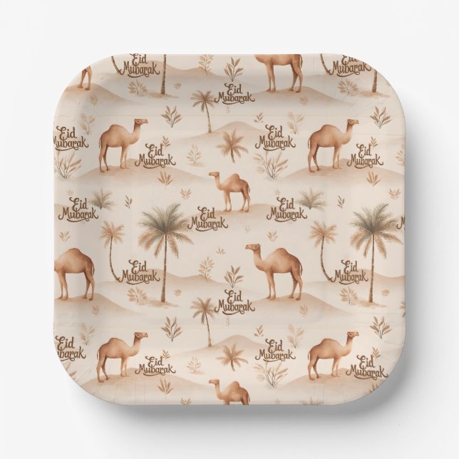 Desert Palms & Camels Paper Plates – Brown Theme (Front)