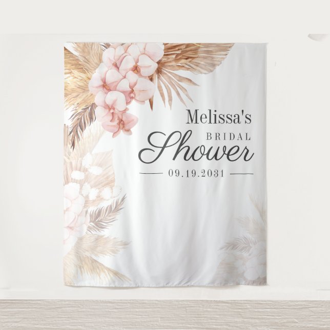 Desert Pampas Grass Boho Bridal Shower Backdrop Tapestry (Front)