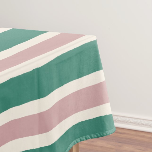Desert Pink and Teal Green Stripes Pattern Tablecloth (In Situ)