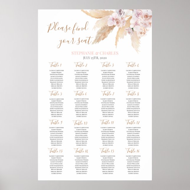 Desert pink boho chic Wedding Seating Chart (Front)