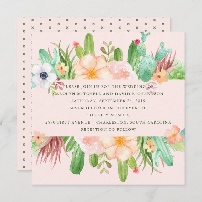 Desert Pink Succulent Wedding Invitation (Front/Back)