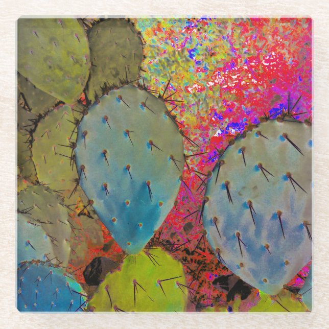 Desert Prickly Pear Cactus Green Garden Glass Coaster (Front)
