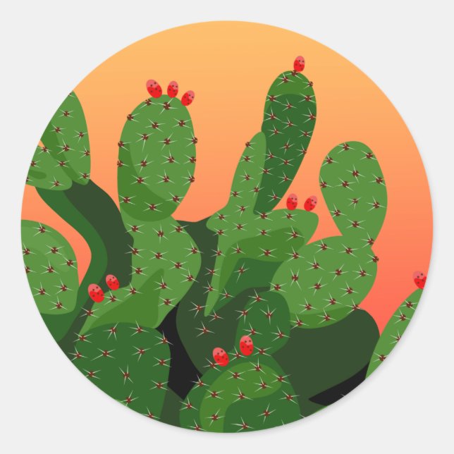Desert Prickly Pear Cactus Sunset Classic Round Sticker (Front)