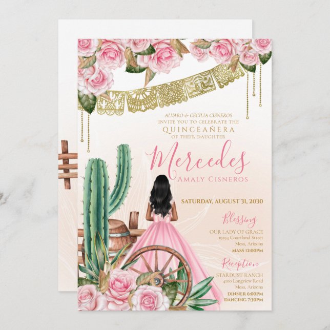 Desert Rose Pink Charro Quinceanera Western Cactus Invitation (Front/Back)