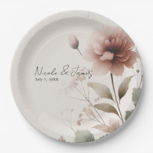 Desert Rose Pink Floral Greenery Bridal Wedding Paper Plate
