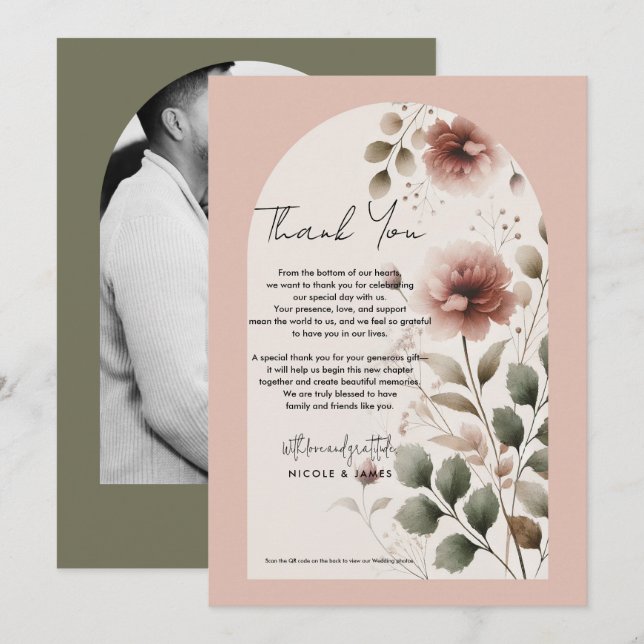 Desert Rose Pink & Green Floral Greenery Thank You Invitation (Front/Back)